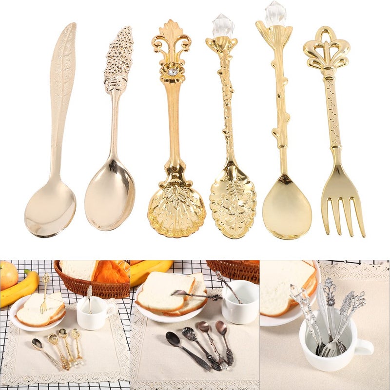 Fdit 6Pcs/Set Flatware Vintage Spoon Dessert Coffee Mixing Spoon Teaspoon Ice Cream Spoon Fruit Fork Royal Metal Mini Carved Tableware Fruit Spoon for Kitchen Dining Sweet - Image 3